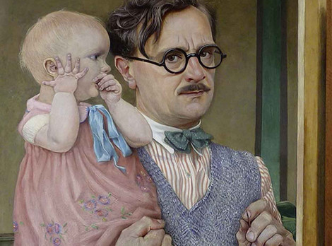 Die Abbildung zeigt einen Ausschnitt des Gemäldes "Ich und mein Kind" von Barthel Gilles aus dem Jahr 1932. Der Maler ist steht dabei vor einer Staffelei, hat einen Pinsel in der linken Hand und blickt direkt auf den Betrachter des Gemäldes. Auf dem rechten Arm hält er dabei seine etwa zwei Jahre alte Tochter. Die Fotoaufnahme stammt von Andreas Curtius.