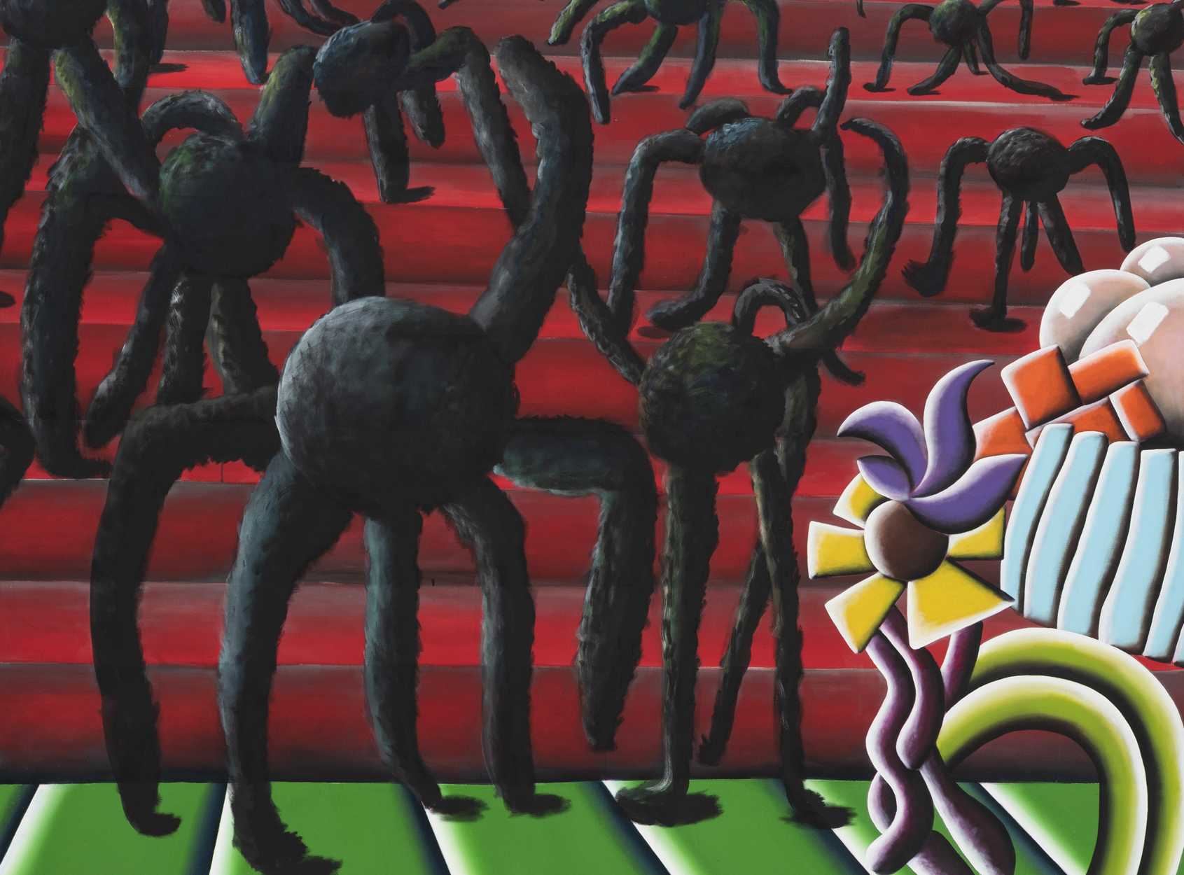 Die Abbildung zeigt ein Kunstwerk von Andreas Schulze. Zu sehen sind schwarze Wesen mit sechs Beinen und einem runden Körper, die eine rote Treppe herunter laufen. Die Fotoaufnahme stammt von Ingo Kniest.