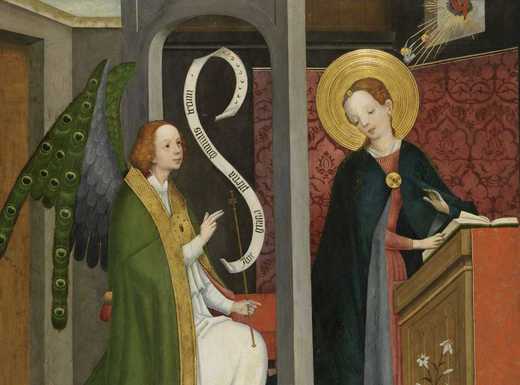 Die Abbildung zeigt ein Gemälde, entstanden um 1450/60, auf dem die Verkündigung an Maria dargestellt ist. Die Fotoaufnahme stammt von Georg Janßen.