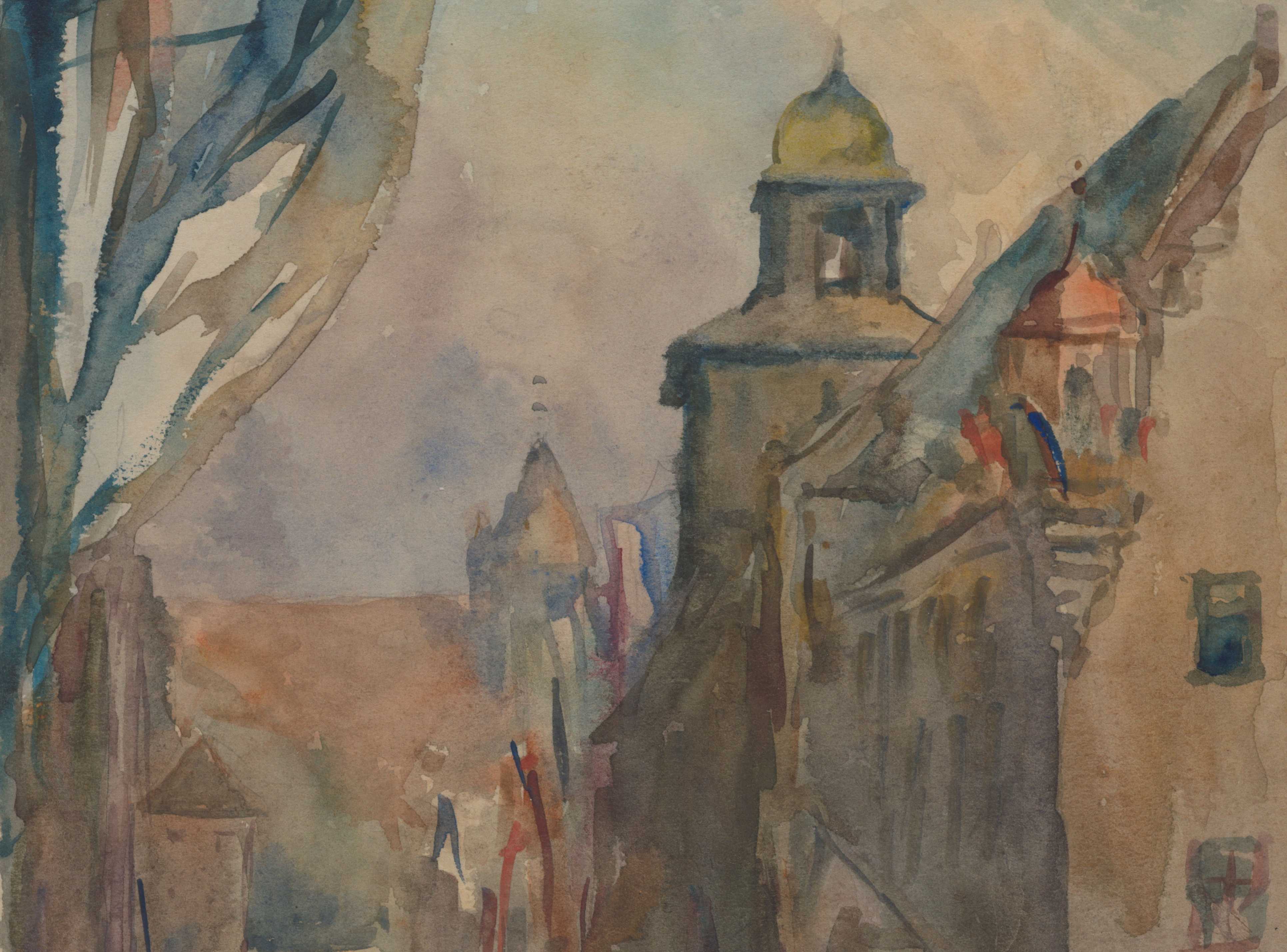 Georg Schmidt: Rathaus und Burgstraße mit festlichem Flaggenschmuck, Aquarell, datiert 30. Juli 1913. Bildnachweis: Museen der Stadt Nürnberg, Kunstsammlungen Georg Schmidt: Rathaus und Burgstraße mit festlichem Flaggenschmuck, Aquarell, datiert 30. Juli 1913. Bildnachweis: Museen der Stadt Nürnberg, Kunstsammlungen