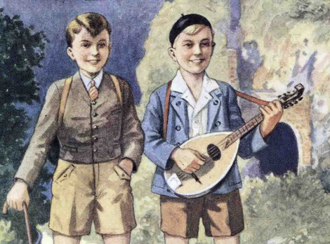 Die Abbildung zeigt den Ausschnitt eines Blechschildes des Firma Wohlauf Schuhe aus den 1920er Jahren. Es zeigt zwei junge Burschen in der Kleidung der 1920er Jahre, lederne Wanderstiefel, kurze Hosen, Jacken mit Hemd und Wanderstock. Ein Junge spielt dabei fröhlich auf der Gitarre, die er vor sich trägt. In dieser Montur wandern beide föhlich und gut gelaunt durch eine bergige Landschaft auf den Betrachtenden zu. Die Fotoaufnahme stammt vom Germanischen Nationalmuseum.