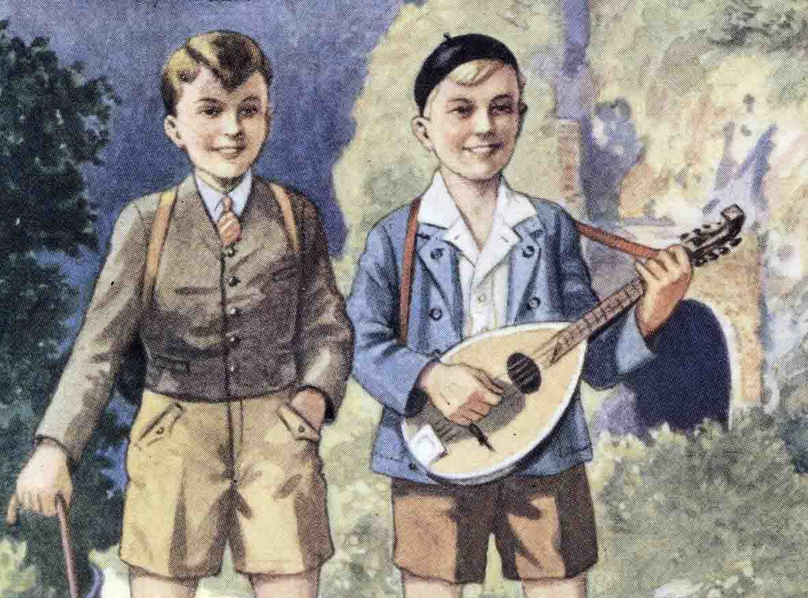 Blechschild-Werbung der Firma Wohlauf Schuhe (Ausschnitt), um 1920. Fotoaufnahme des Germanischen Nationalmuseums. Die Abbildung zeigt den Ausschnitt eines Blechschildes des Firma Wohlauf Schuhe aus den 1920er Jahren. Es zeigt zwei junge Burschen in der Kleidung der 1920er Jahre, lederne Wanderstiefel, kurze Hosen, Jacken mit Hemd und Wanderstock. Ein Junge spielt dabei fröhlich auf der Gitarre, die er vor sich trägt. In dieser Montur wandern beide föhlich und gut gelaunt durch eine bergige Landschaft auf den Betrachtenden zu. Die Fotoaufnahme stammt vom Germanischen Nationalmuseum.