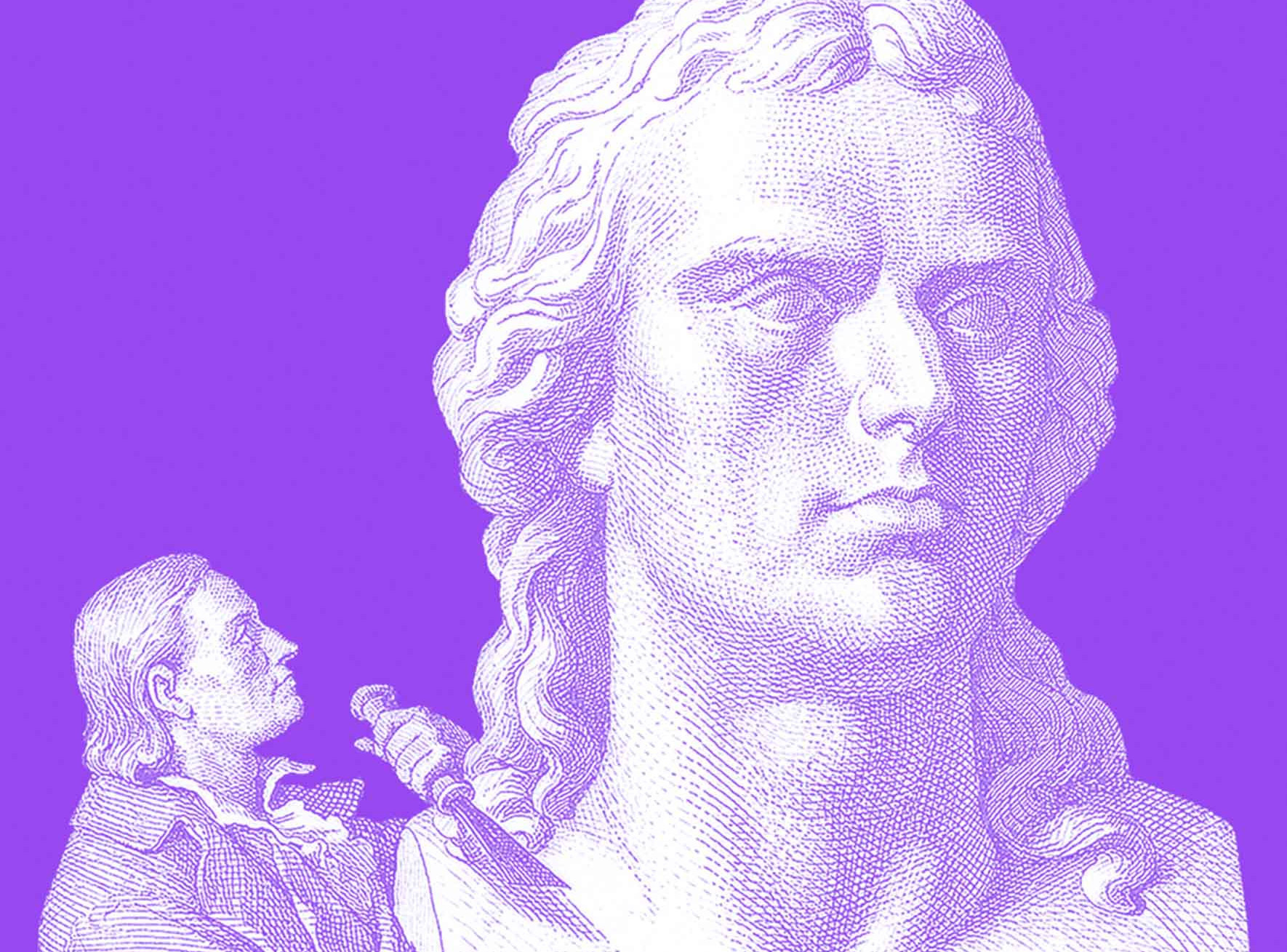 Das Bild zeigt eine stilisierte Darstellung in Violett und Weiß, im Stil von historisierenden Abbildungen des 19. Jahrhunderts. Im Vordergrund ist der Kopf einer Statue mit langen, welligen Haaren zu sehen. Links davon steht eine kleinere Figur, die mit einem Werkzeug an der Statue arbeitet, möglicherweise ein Bildhauer. Der Hintergrund ist einfarbig violett, wodurch die Figuren stark hervortreten.