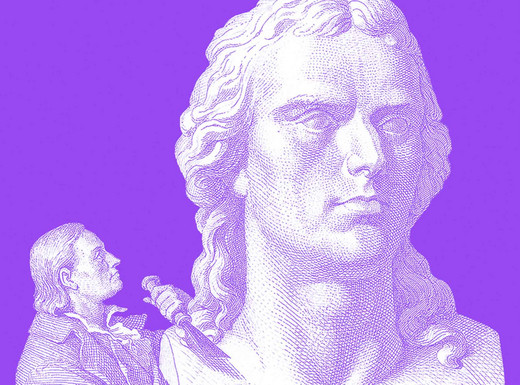 Das Bild zeigt eine stilisierte Darstellung in Violett und Weiß, im Stil von historisierenden Abbildungen des 19. Jahrhunderts. Im Vordergrund ist der Kopf einer Statue mit langen, welligen Haaren zu sehen. Links davon steht eine kleinere Figur, die mit einem Werkzeug an der Statue arbeitet, möglicherweise ein Bildhauer. Der Hintergrund ist einfarbig violett, wodurch die Figuren stark hervortreten.