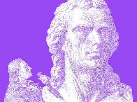 Keyvisual zur Ausstellung „Genie, Idol, Star“. Das Bild zeigt eine stilisierte Darstellung in Violett und Weiß, im Stil von historisierenden Abbildungen des 19. Jahrhunderts. Im Vordergrund ist der Kopf einer Statue mit langen, welligen Haaren zu sehen. Links davon steht eine kleinere Figur, die mit einem Werkzeug an der Statue arbeitet, möglicherweise ein Bildhauer. Der Hintergrund ist einfarbig violett, wodurch die Figuren stark hervortreten.