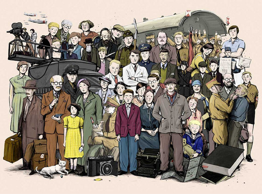 Titelbild mit Protagonisten, Personen und anderen Inhalten der Graphic Novel "Nuremberg 34". Zeichnungen des Künstlers Hamed Eshrat und Grafiken der Game-Entwickler von Zockrates Laboratories. Die Abbildung zeigt das Titelbild zur Graphic Novel "Nuremberg 34". Sie zeigt die Protagonisten der Graphic Novel, die Besucherin, den SA-Mann und den jüdische Jungen. Daneben ist eine Vielzahl an Personen zu sehen, NS-Personal, Kamerawagen. Bei den collageartigen Zusammenstellung handelt es sich um Zeichnungen des Künstlers Hamed Eshrat und Grafiken der Game-Entwickler von Zockrates Laboratories.