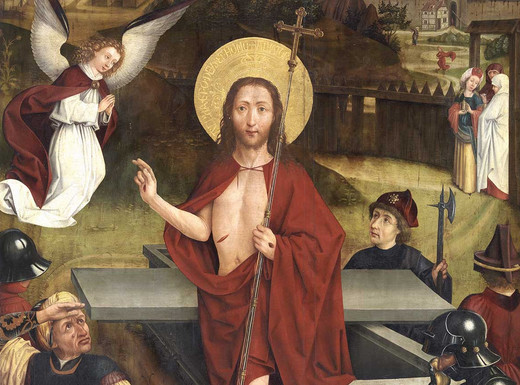 Die Abbildung zeigt einen Ausschnitt eines Gemäldes, das ursprünglich einen der Flügel des sogenannten Landauer Altars bildete. Dieser befand sich ursprünglich in der Dominikanerinnenkirche St. Katharina in Nürnberg. Es zeigt die Auferstehung Christi und wurde um 1465 im Umkreis von Hans Pleydenwurff geschaffen. In der Mitte steht Christus in einem roten Mantel, der seinen Körper teilweise bedeckt, und tritt mit erhobener Segenshand aus dem geöffneten Grab. Um ihn herum sind erstaunte oder erschrockene Wächter in Rüstungen dargestellt, einige blicken auf ihn, andere wenden sich ab. Links oben schwebt ein Engel mit gefalteten Händen, im Hintergrund sind die Stadt Nürnberg mit Stadtmauern und Türmen sowie darüber die Kaiserburg zu sehen. Rechts im Hintergrund erscheinen drei Frauen, die auf dem Weg zum leeren Grab sind – eine Szene aus der Ostergeschichte. Die Fotoaufnahme stammt von Georg Janßen.