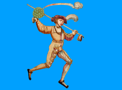 Die Abbildung zeigt das Keyvisual zur Sonderausstellung „Fastnacht" im Germanischen Nationalmuseum. Das Bild zeigt eine historische Illustration einer Person in bunter Renaissancekleidung auf blauem Hintergrund. Die Figur ist in Bewegung, sie läuft nach rechts und trägt einen langen Stock über der linken Schulter. In der rechten Hand hält sie einen fächerähnlichen Gegenstand aus grünen Blättern. Die Person trägt eine Feder im Hut und hat einen konzentrierten Gesichtsausdruck.