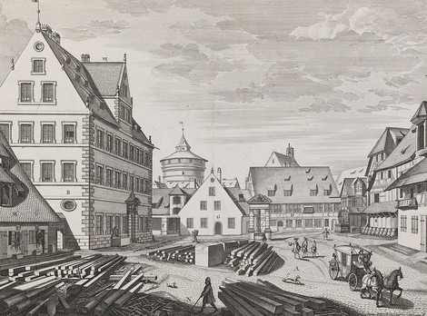 Das Bild zeigt eine Druckgraphik von 1701. Darauf ist der Bauhof (Peunt) mit Blick zum Frauentorturm zu sehen.