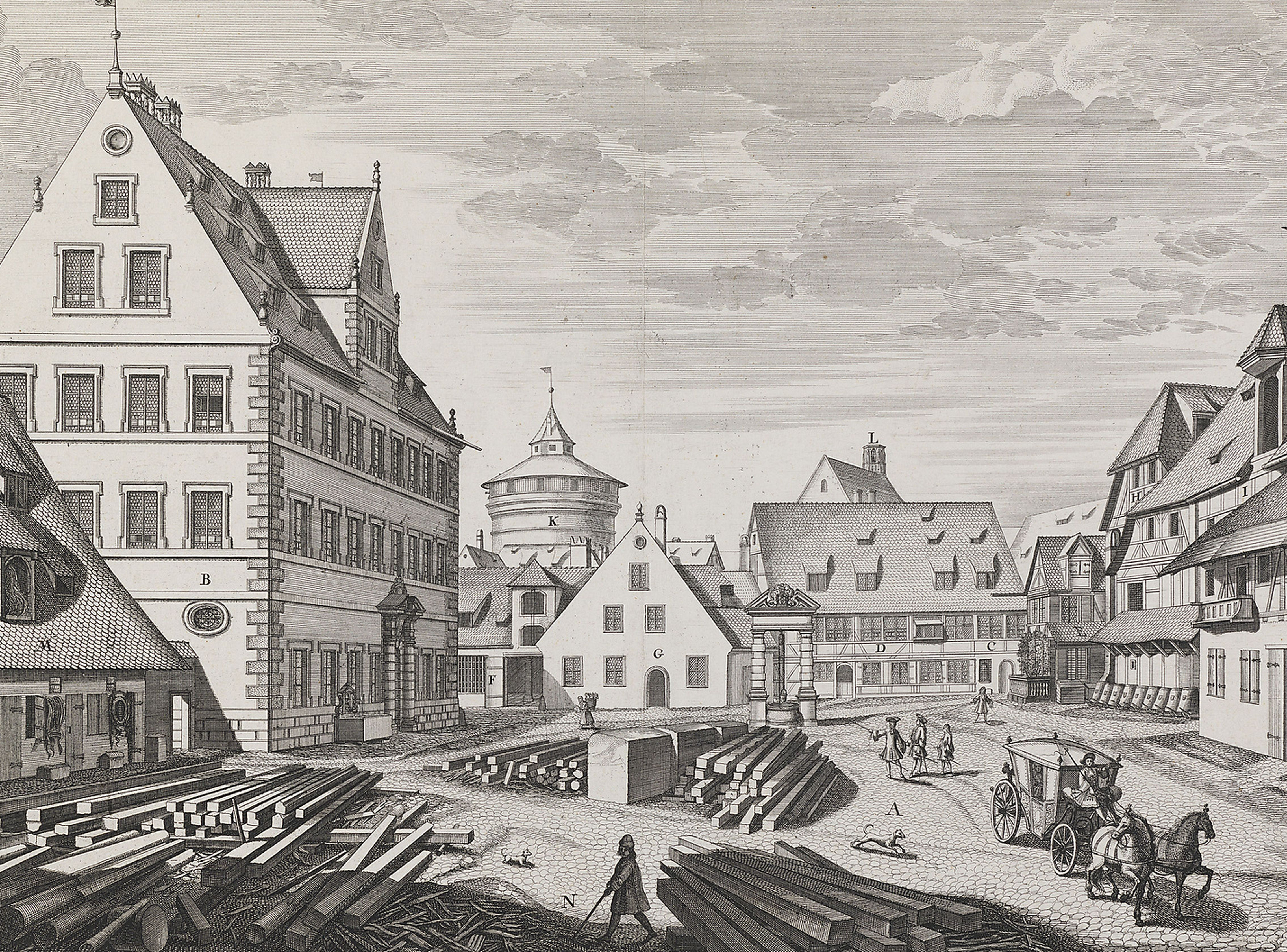 Das Bild zeigt eine Druckgraphik von 1701. Darauf ist der Bauhof (Peunt) mit Blick zum Frauentorturm zu sehen.