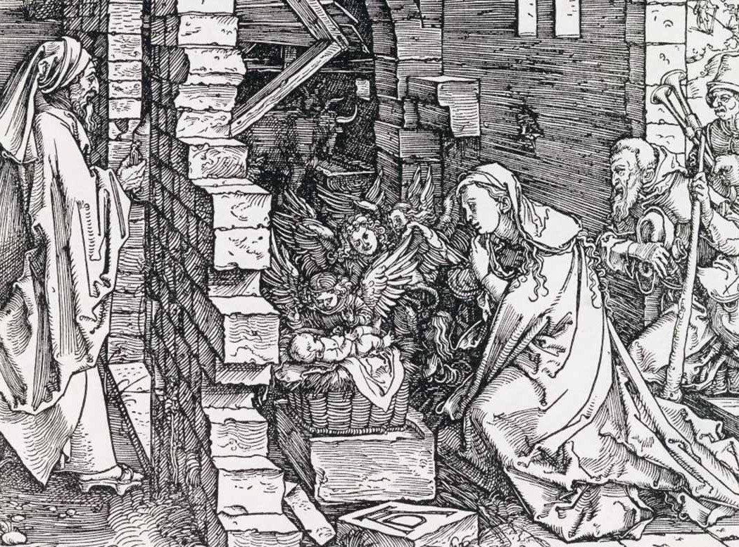 Die Aufnahme zeigt eine Druckgrafik Albrecht Dürers, die um 1502/03 entstand. Sie trägt den Titel "Marienleben 10: Die Geburt Christi (Anbetung der Hirten). Es zeigt Maria mit dem Jesuskind im Stall mit Engeln, Hirten und Tieren. Die Fotoaufnahem stammt von Georg Janssen.