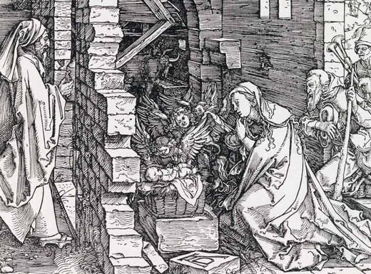 Die Aufnahme zeigt eine Druckgrafik Albrecht Dürers, die um 1502/03 entstand. Sie trägt den Titel "Marienleben 10: Die Geburt Christi (Anbetung der Hirten). Es zeigt Maria mit dem Jesuskind im Stall mit Engeln, Hirten und Tieren. Die Fotoaufnahem stammt von Georg Janssen.