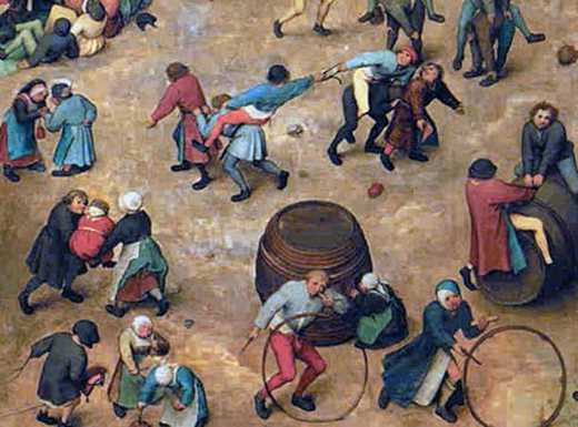 Die Abbildung zeigt einen Ausschnitt des Gemäldes Kinderspiele von Pieter Bruegel dem Älteren. Auf diesem um das Jahr 1560 entstandene Werk sind viele Kinder beim Spielen dargestellt. Die Fotoaufnahme stammt von den Museen der Stadt Nürnberg.