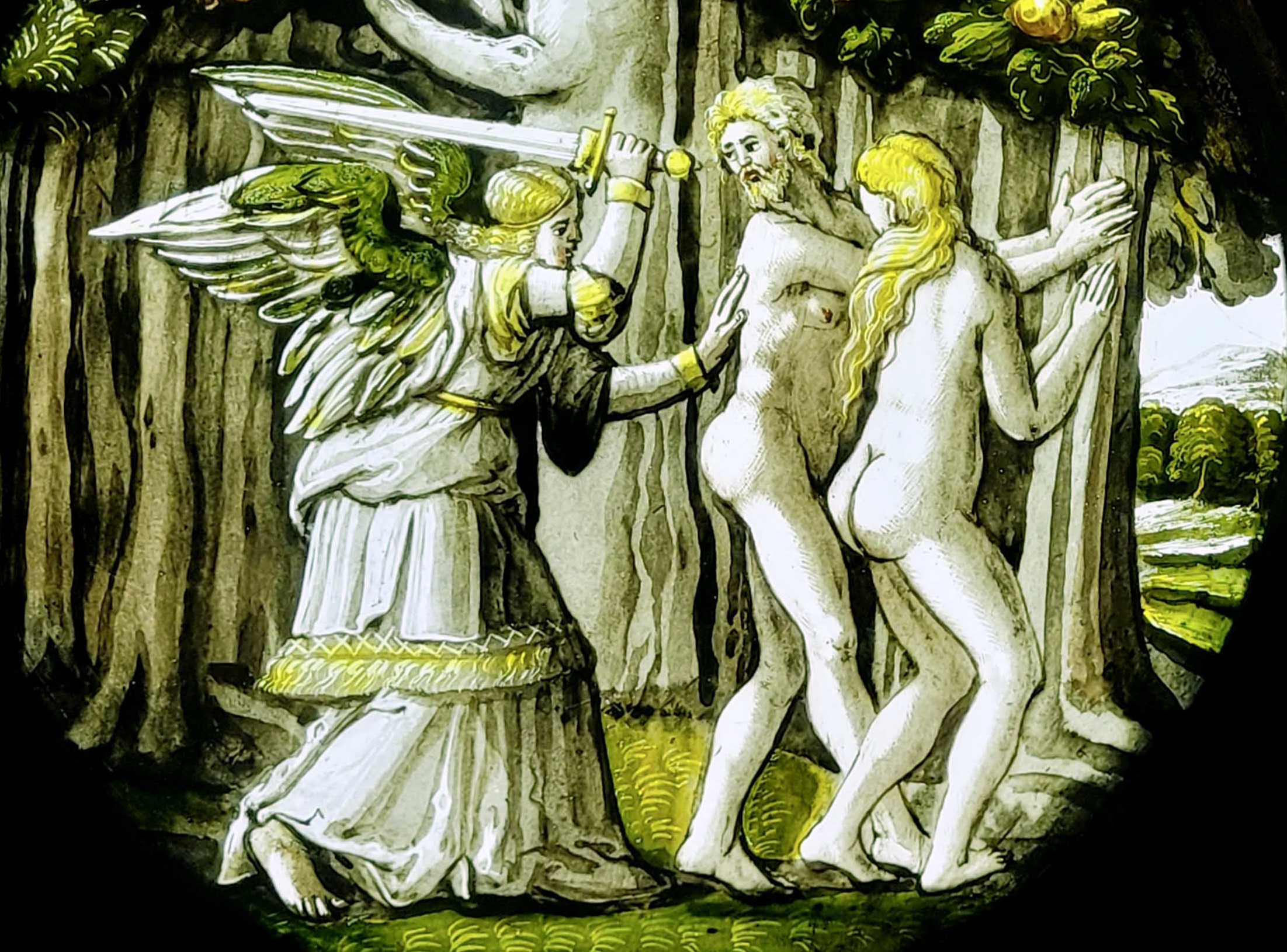 Die Fotoaufnahme zeigt eine Glasmalerei aus Köln, die um 1550 entstanden ist. Sie zeigt Adam und Eva, bei ihrer Vertreibung aus dem Paradies. Die Fotoaufnahme stammt von Thomas Ruppenstein.