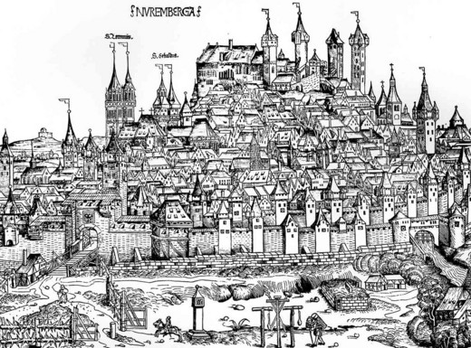 Die Abbildung zeigt die Stadt Nürnberg in der Schedelschen Weltchronik von 1493. Die Reproduktion stammt vom Stadtarchiv Nürnberg.