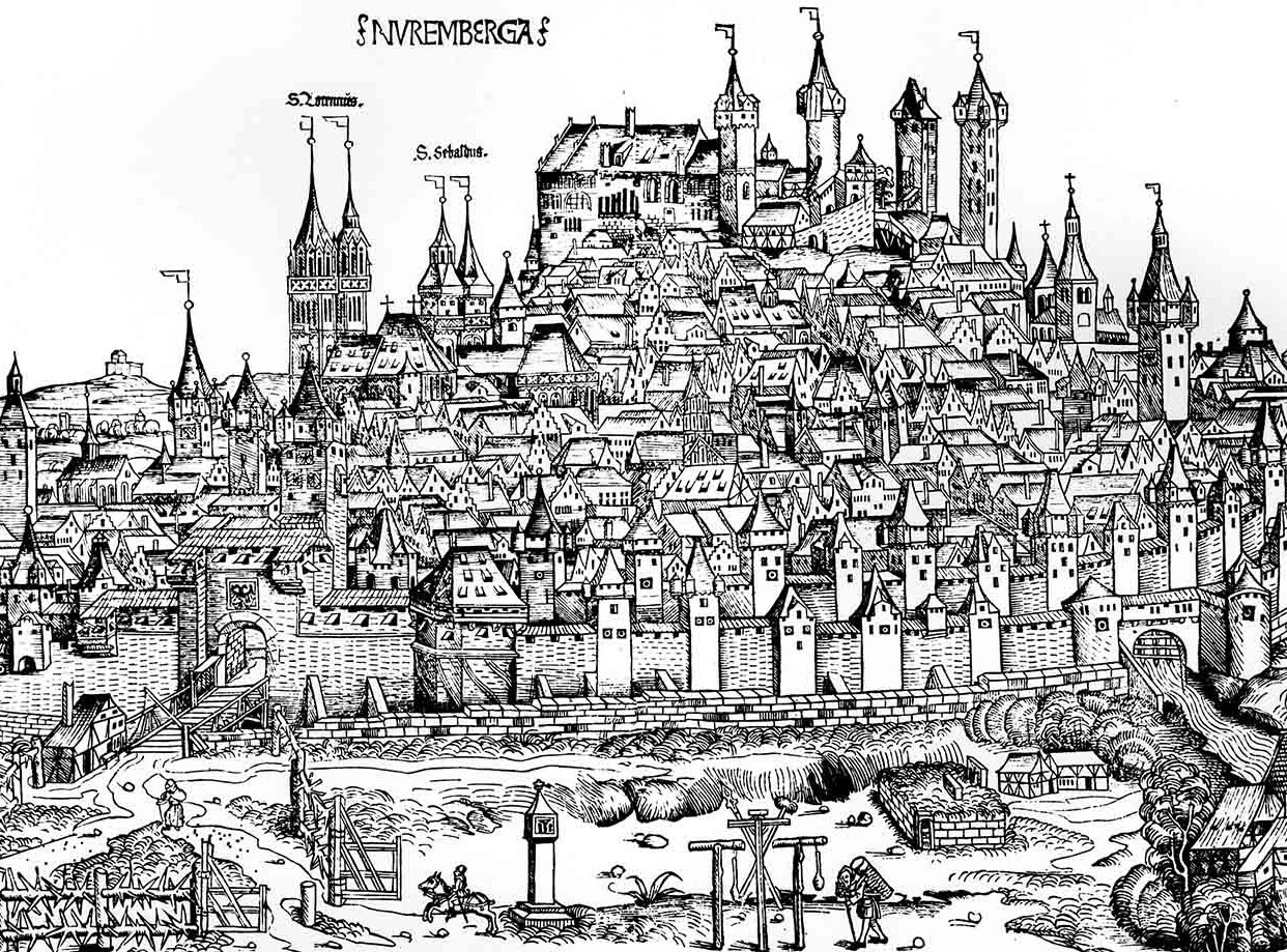 Die Abbildung zeigt die Stadt Nürnberg in der Schedelschen Weltchronik von 1493. Die Reproduktion stammt vom Stadtarchiv Nürnberg.