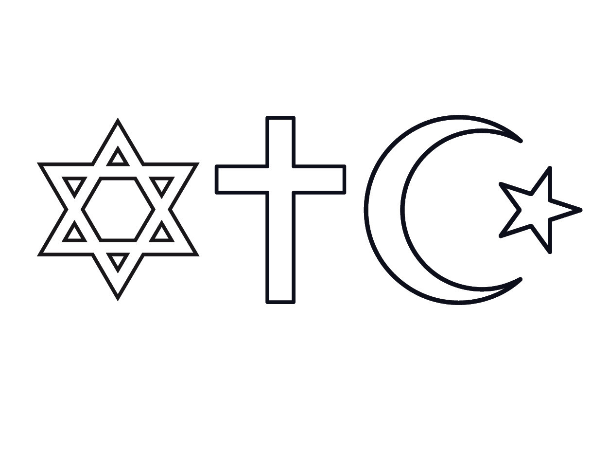 Die Symbole der drei abrahamitischen Weltreligionen Judentum, Christentum und Islam. Grafik von Thomas Ruppenstein. Die Abbildung zeigt die Symbole der drei abrahamitischen Weltreligionen Judentum, Christentum und Islam. Von links nach rechts sind ein Davidstern, ein Kreuz und der Halbmond mit Stern als schwarzes Piktogramm vor weißem Hintergrund zu sehen. Die Grafik stammt von Thomas Ruppenstein.