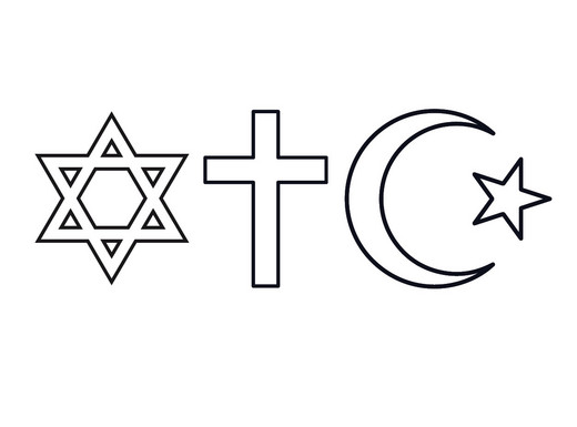 Die Symbole der drei abrahamitischen Weltreligionen Judentum, Christentum und Islam. Grafik von Thomas Ruppenstein. Die Abbildung zeigt die Symbole der drei abrahamitischen Weltreligionen Judentum, Christentum und Islam. Von links nach rechts sind ein Davidstern, ein Kreuz und der Halbmond mit Stern als schwarzes Piktogramm vor weißem Hintergrund zu sehen. Die Grafik stammt von Thomas Ruppenstein.
