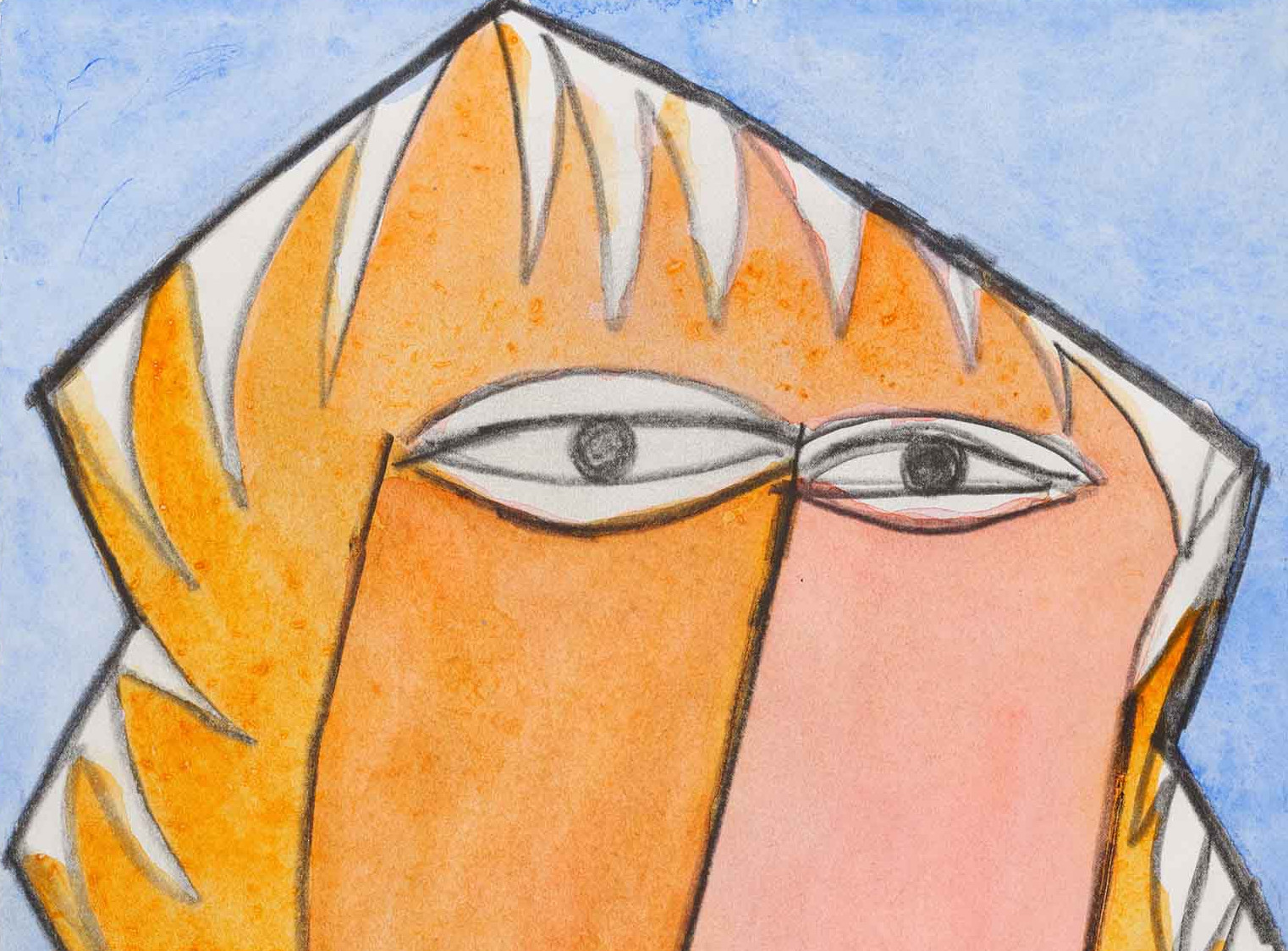 Die Abbildung zeigt das Werk "Engel" des Künsters Franz Vornberger aus dem Jahr 2008. Es zeigt das kubistisch anmutende Gesicht einer Person, die man kaum einem Geschlecht zuordnen kann. Das Gemälde besteht fast vollständig aus Gelbtönen, nur ergänzt um leichte Rosatöne bei der ausgeprägten Nase. Die Fotoaufnahme stammt von Annette Kradisch.