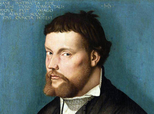 Das Gemälde von Hans Baldung Grien, entstanden 1526, zeigt einen Mann als Brustbild in Dreiviertelansicht vor einem grünblauen Hintergrund. Er hat blaue Augen sowie rötlich-braunes Haar und einen Bart. Sein Blick geht seitlich zum Betrachter. Die linke Hand ist erhoben, als würde er sprechen. Er trägt ein schwarzes Gewand mit auffällig gemusterten Seidenärmeln und einen bestickten Hemdkragen.