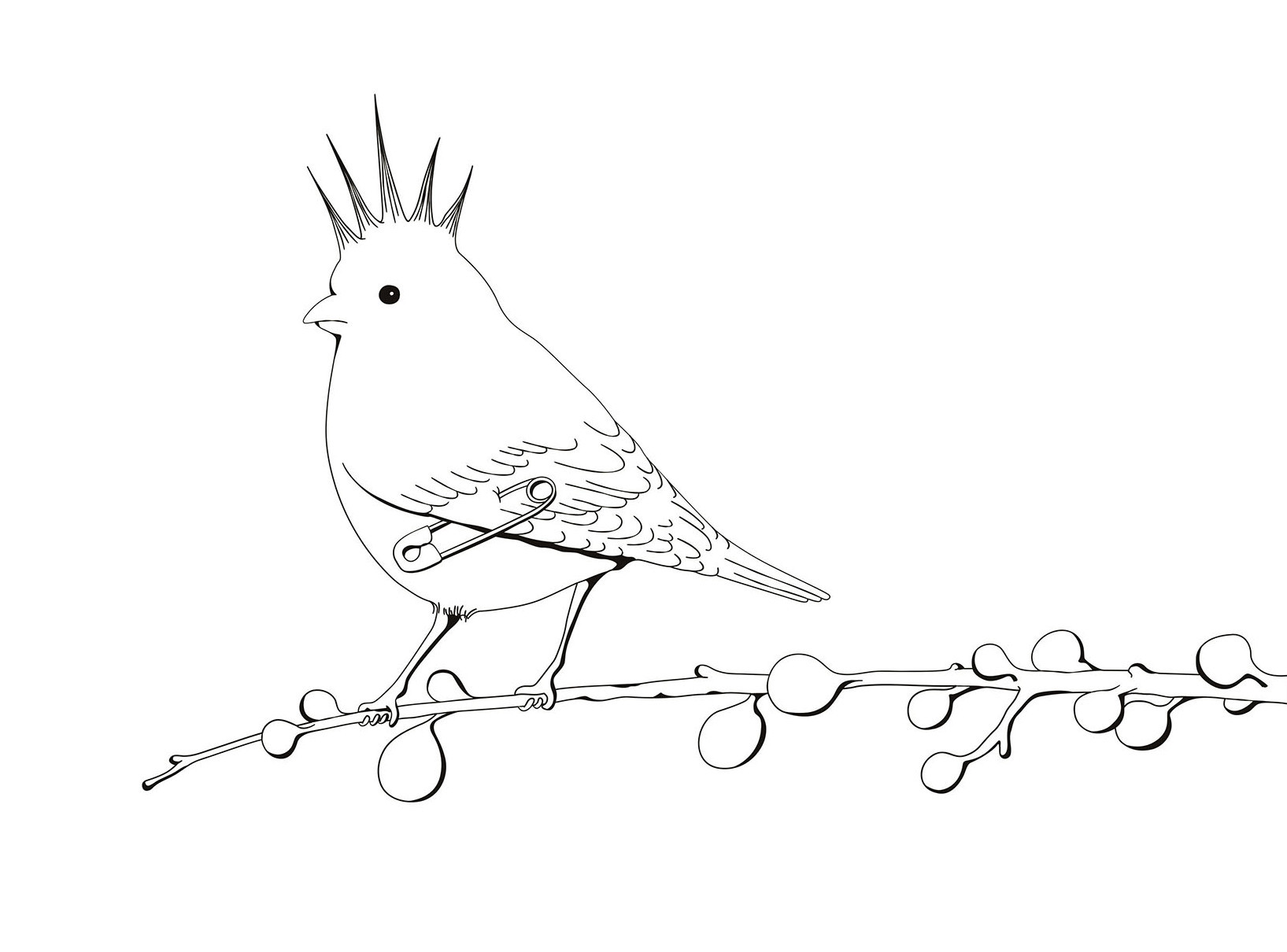 Mrzyk & Moriceau: ohne Titel, ohne Jahr; Courtesy Mrzyk & Moriceau und Air de Paris, Romainville. Die Abbildung zeigt ein Werk von Mrzyk & Moriceau, es hat keinen Titel. Das Bild zeigt einen stilisierten Vogel, der auf einem Zweig mit runden Knospen sitzt. Der Vogel hat eine auffällige, punkartige Federkrone auf dem Kopf und trägt eine Sicherheitsnadel seitlich im Körper, als wäre sie ein Accessoire. Die Zeichnung ist schlicht, in Schwarz-Weiß gehalten und wirkt gleichzeitig humorvoll und ungewöhnlich.