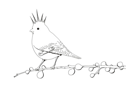 Mrzyk & Moriceau: ohne Titel, ohne Jahr; Courtesy Mrzyk & Moriceau und Air de Paris, Romainville. Die Abbildung zeigt ein Werk von Mrzyk & Moriceau, es hat keinen Titel. Das Bild zeigt einen stilisierten Vogel, der auf einem Zweig mit runden Knospen sitzt. Der Vogel hat eine auffällige, punkartige Federkrone auf dem Kopf und trägt eine Sicherheitsnadel seitlich im Körper, als wäre sie ein Accessoire. Die Zeichnung ist schlicht, in Schwarz-Weiß gehalten und wirkt gleichzeitig humorvoll und ungewöhnlich.