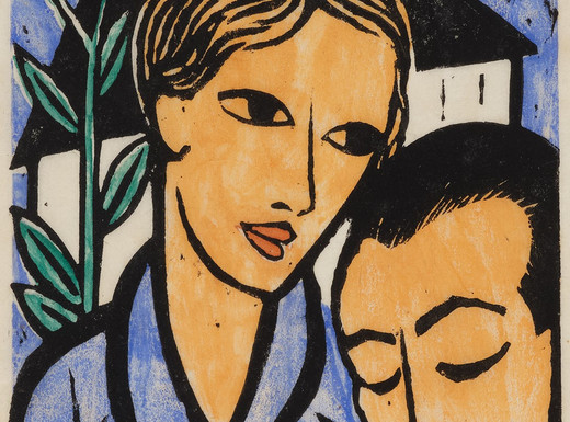 Constantin von Mitschke-Collande, Liebespaar, 1920, Privatsammlung © Stadt Nürnberg/Kunstvilla, Foto: Annette Kradisch Druck, der die Köpfe des Künstlers und seiner Frau zeigt.