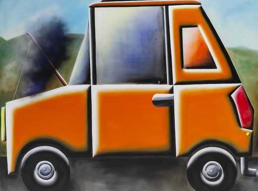Die Abbildung zeigt ein Kunstwerk von Andreas Schulze. Sie zeigt ein stark vereinfacht dargestelltes oranges Auto. Die Fotoaufnahme stammt von Ingo Kniest.