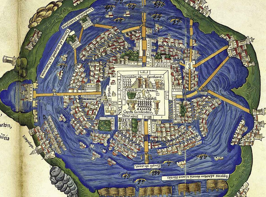 Die Abbildung zeigt einen in Nürnberg im Jahr 1524 gedruckten Stadtplan von Tenochtitlán, heute Mexiko-Stadt. Fotoaufnahme der Österreichischen Nationalbibliothek, Kartensammlung und Globenmuseum.