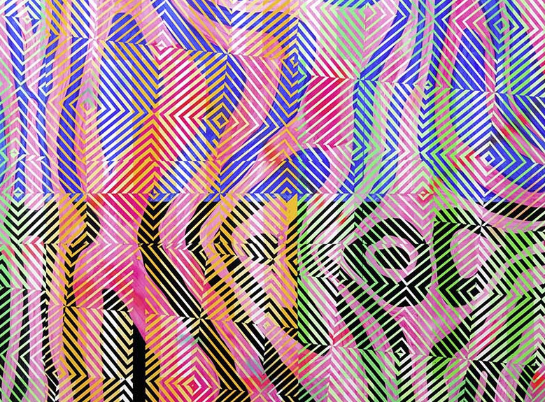 Das Bild zeigt ein abstraktes Gemälde. Das Gemälde ist eine lebendige und dynamische Komposition aus geometrischen Formen und Linien in einer Vielzahl von Farben. Das Gemälde selbst ist in einer rechteckigen Form gehalten und dominiert den Bildausschnitt.  Die Farben, die in dem Gemälde verwendet werden, sind vielfältig und reichen von leuchtendem Pink und Orange über kühles Blau und Grün bis hin zu neutralen Tönen wie Schwarz und Weiß. Diese Farben sind in einem komplexen Muster angeordnet, das aus sich kreuzenden Linien und geometrischen Formen besteht. Einige Bereiche des Gemäldes scheinen dichter und strukturierter zu sein als andere, was dem Kunstwerk eine zusätzliche Dimension verleiht. Das Gemälde hat keinen Titel und wurde von Christof John im Jahr 2025 geschaffen.