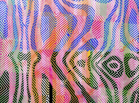 Das Bild zeigt ein abstraktes Gemälde. Das Gemälde ist eine lebendige und dynamische Komposition aus geometrischen Formen und Linien in einer Vielzahl von Farben. Das Gemälde selbst ist in einer rechteckigen Form gehalten und dominiert den Bildausschnitt.  Die Farben, die in dem Gemälde verwendet werden, sind vielfältig und reichen von leuchtendem Pink und Orange über kühles Blau und Grün bis hin zu neutralen Tönen wie Schwarz und Weiß. Diese Farben sind in einem komplexen Muster angeordnet, das aus sich kreuzenden Linien und geometrischen Formen besteht. Einige Bereiche des Gemäldes scheinen dichter und strukturierter zu sein als andere, was dem Kunstwerk eine zusätzliche Dimension verleiht. Das Gemälde hat keinen Titel und wurde von Christof John im Jahr 2025 geschaffen.