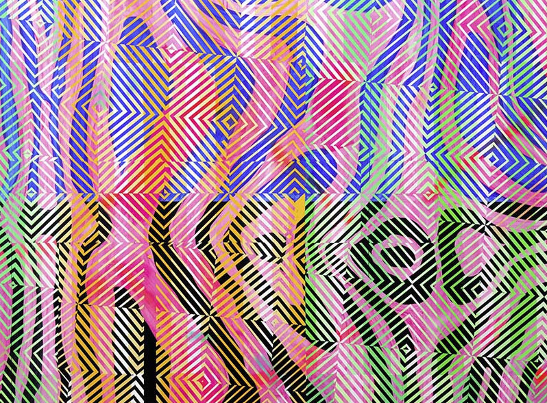 Das Bild zeigt ein abstraktes Gemälde. Das Gemälde ist eine lebendige und dynamische Komposition aus geometrischen Formen und Linien in einer Vielzahl von Farben. Das Gemälde selbst ist in einer rechteckigen Form gehalten und dominiert den Bildausschnitt.  Die Farben, die in dem Gemälde verwendet werden, sind vielfältig und reichen von leuchtendem Pink und Orange über kühles Blau und Grün bis hin zu neutralen Tönen wie Schwarz und Weiß. Diese Farben sind in einem komplexen Muster angeordnet, das aus sich kreuzenden Linien und geometrischen Formen besteht. Einige Bereiche des Gemäldes scheinen dichter und strukturierter zu sein als andere, was dem Kunstwerk eine zusätzliche Dimension verleiht. Das Gemälde hat keinen Titel und wurde von Christof John im Jahr 2025 geschaffen.