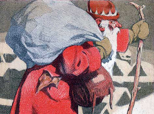 Die Abbildung zeigt eine Farblithographie des Künstlers Hermann Bek-Gran von 1912. Zu sehen ist der Pelzmärtel mit langem weißem Bart. Er trägt einen roten Mantel und hält einen langen Holzstab in der linken Hand. Über der rechten Schulter liegt ein großer, grauer Sack. Die Figur trägt grob gemusterte Schuhe und steht auf einer schneebedeckten Fläche. Im Hintergrund sind schneebedeckte Häuser als geometrische Muster in gedeckten Farben zu erkennen.