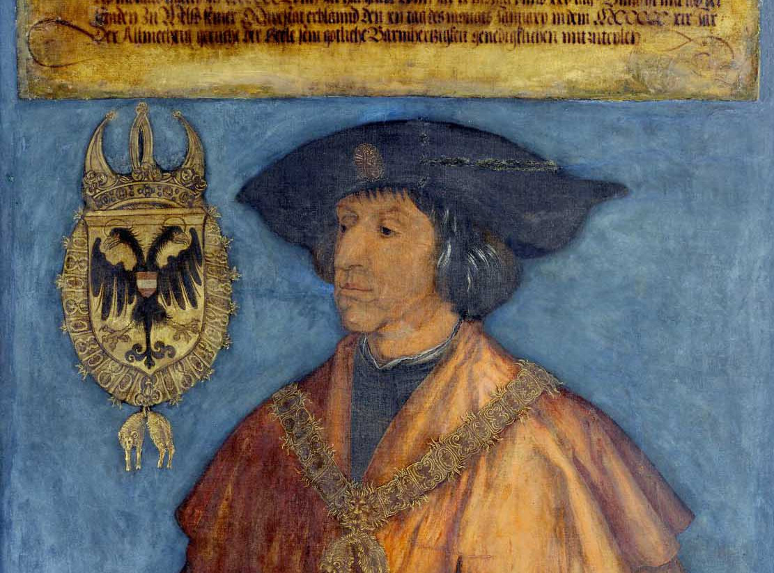 Das Gemälde Bildnis Kaiser Maximilians I. von Albrecht Dürer, entstanden 1519, zeigt den Kaiser als Brustbild nach links vor blauem Hintergrund. Er trägt ein rotes Gewand, ein schwarzes Barett mit einer Marienmedaille und hält einen Granatapfel in den Händen. Links sind das Habsburger Wappen und die Kaiserkrone dargestellt.
