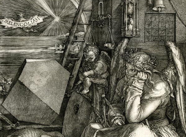 Albrecht Dürer: Melencolia § I, 1514. Bildnachweis: Museen der Stadt Nürnberg, Grafische Sammlung. Bei der Abbildung handelt es sich um das Werk "Melancholia I" von Albrecht Dürer aus dem Jahr 1514. Das Bild zeigt eine geflügelte, melancholisch dreinblickende Frauengestalt, die auf einem Stein sitzt und den Kopf in die Hand stützt. Um sie herum liegen zahlreiche Werkzeuge, wissenschaftliche Instrumente und geometrische Körper – alles wirkt unordentlich, als wäre ein kreativer Prozess ins Stocken geraten. Ein schlafender Hund liegt zu ihren Füßen, während ein kleiner Putto, ein Engelskind, daneben sitzt und etwas zeichnet. Im Hintergrund leuchtet ein heller Stern am Himmel über einem Meer, darüber ein Banner mit der Aufschrift „Melencolia I“.