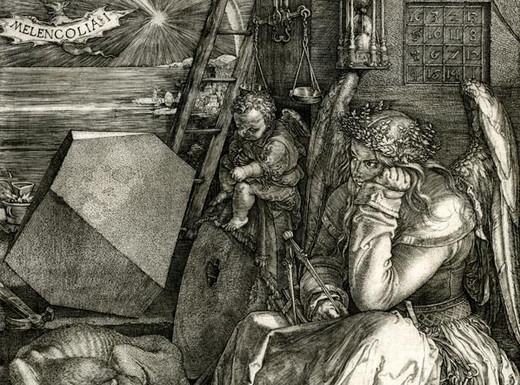 Albrecht Dürer: Melencolia § I, 1514. Bildnachweis: Museen der Stadt Nürnberg, Grafische Sammlung. Bei der Abbildung handelt es sich um das Werk "Melancholia I" von Albrecht Dürer aus dem Jahr 1514. Das Bild zeigt eine geflügelte, melancholisch dreinblickende Frauengestalt, die auf einem Stein sitzt und den Kopf in die Hand stützt. Um sie herum liegen zahlreiche Werkzeuge, wissenschaftliche Instrumente und geometrische Körper – alles wirkt unordentlich, als wäre ein kreativer Prozess ins Stocken geraten. Ein schlafender Hund liegt zu ihren Füßen, während ein kleiner Putto, ein Engelskind, daneben sitzt und etwas zeichnet. Im Hintergrund leuchtet ein heller Stern am Himmel über einem Meer, darüber ein Banner mit der Aufschrift „Melencolia I“.