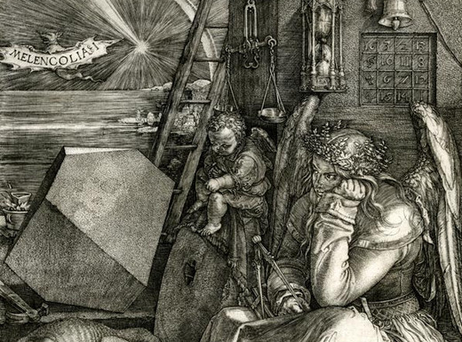 Albrecht Dürer: Melencolia § I, 1514. Bildnachweis: Museen der Stadt Nürnberg, Grafische Sammlung. Bei der Abbildung handelt es sich um das Werk "Melancholia I" von Albrecht Dürer aus dem Jahr 1514. Das Bild zeigt eine geflügelte, melancholisch dreinblickende Frauengestalt, die auf einem Stein sitzt und den Kopf in die Hand stützt. Um sie herum liegen zahlreiche Werkzeuge, wissenschaftliche Instrumente und geometrische Körper – alles wirkt unordentlich, als wäre ein kreativer Prozess ins Stocken geraten. Ein schlafender Hund liegt zu ihren Füßen, während ein kleiner Putto, ein Engelskind, daneben sitzt und etwas zeichnet. Im Hintergrund leuchtet ein heller Stern am Himmel über einem Meer, darüber ein Banner mit der Aufschrift „Melencolia I“.
