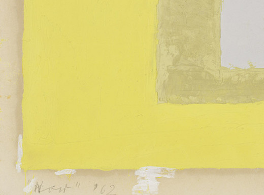 Die Abbildung zeigt einen Ausschnitt des Werk "Now", geschaffen durch den Künstler Josef Albers im Jahr 1962. Das hochformatige Werk besteht aus ineinanderliegenden Rechtecken mit gelblicher, bräunlicher und grauer Färbung. Der Scan des Werks wurde von Ute Bock erstellt. Das Copyright liegt bei The Josef and Anni Albers Foundation und VG Bild-Kunst.