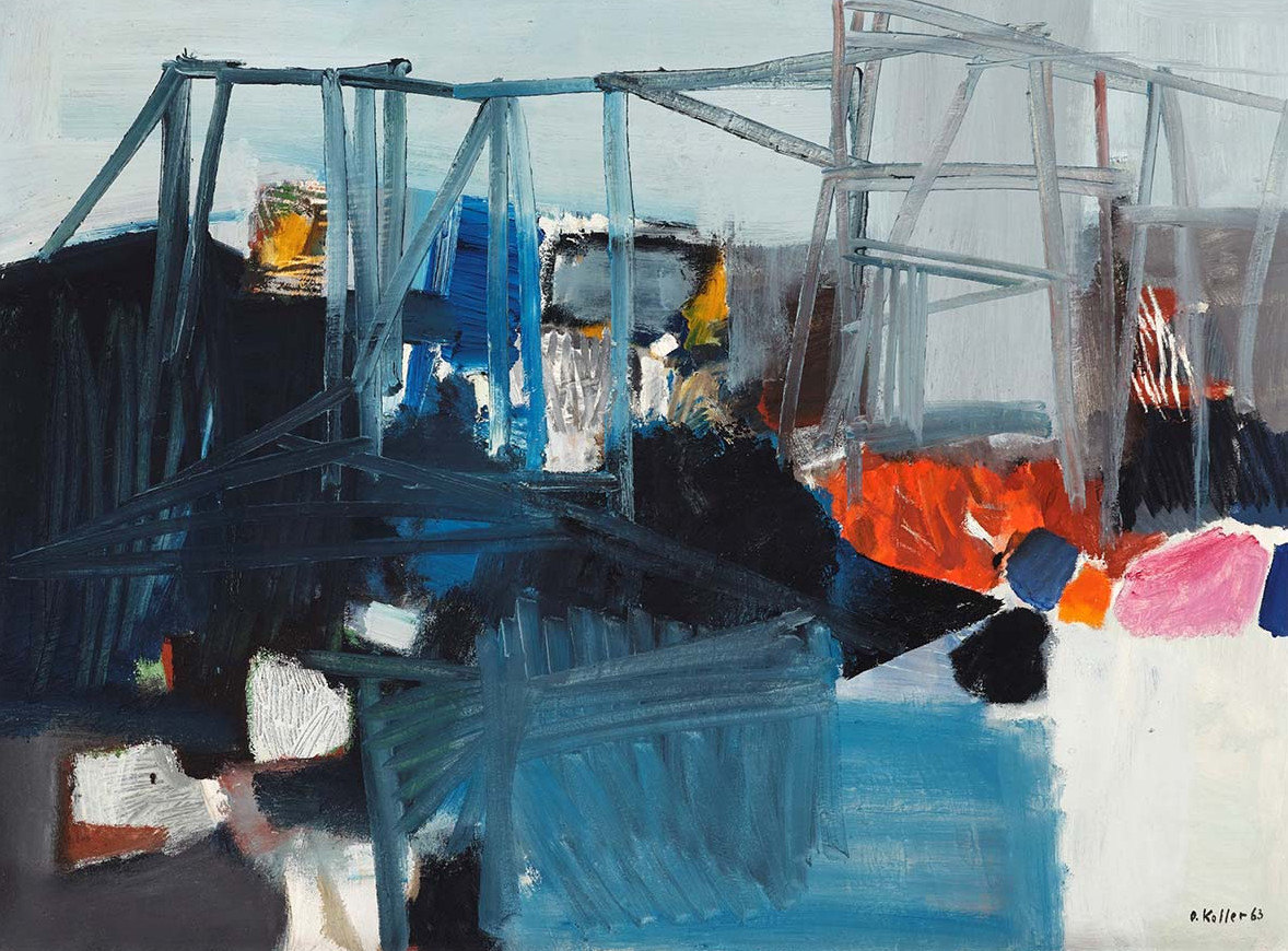 Die Abbildung zeigt das Werk "Am Meer" von Oskar Koller aus dem Jahr 1963. Das Bild zeigt ein abstraktes Gemälde mit kräftigen Farben und dynamischen Formen. Dominant sind Blau- und Türkistöne, durchzogen von schwarzen Flächen und grauen, gerüstähnlichen Strukturen. Im rechten Bereich leuchten auffällige Akzente in Orange, Rot und Pink, die einen starken Kontrast schaffen. Die Malweise ist expressiv, mit breiten Pinselstrichen und überlagernden Farbflächen, wodurch ein Eindruck von Bewegung und Energie entsteht. Die Fotoaufnahme stammt von Annette Kradisch.